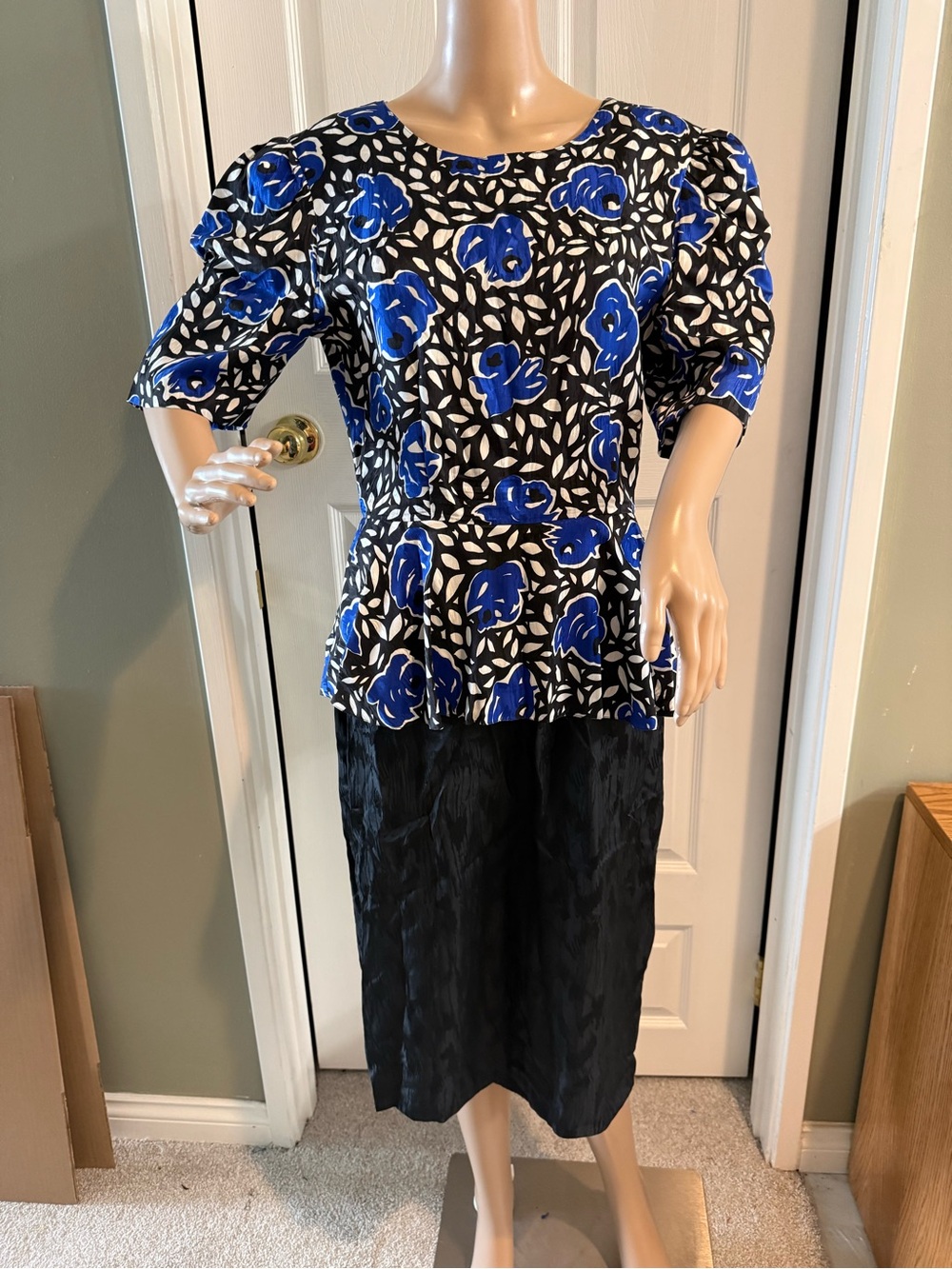 Vintage Nordstrom Point of View Silk Floral Midi Dress 10 Blue Peplum Bow Floral